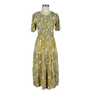 MK MICHAEL KORS Yellow‎ Piasley Patterned Smocked Saffron Midi Dress Women's Med